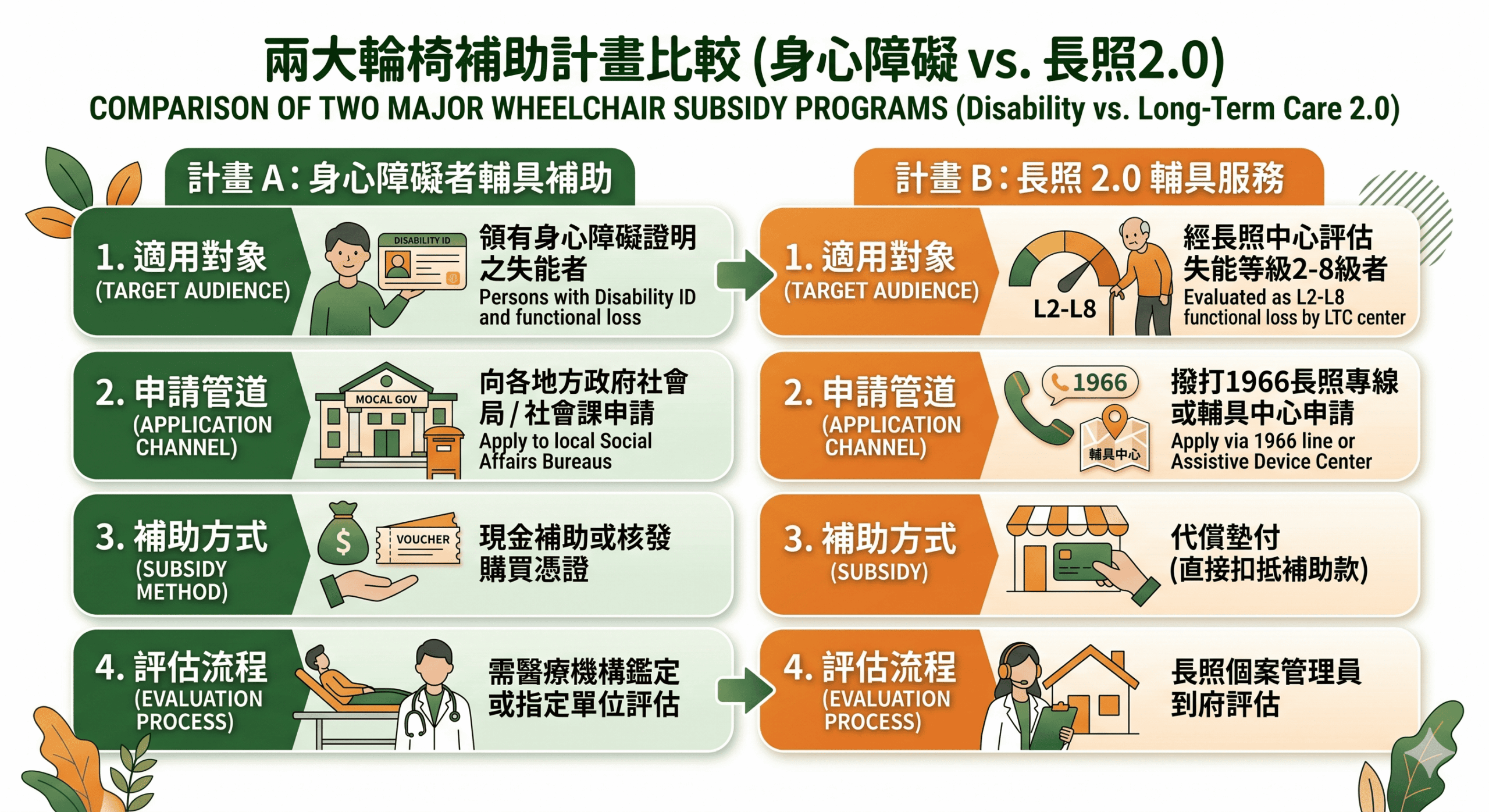 輪椅補助長照與身心障礙兩種管道資格比較