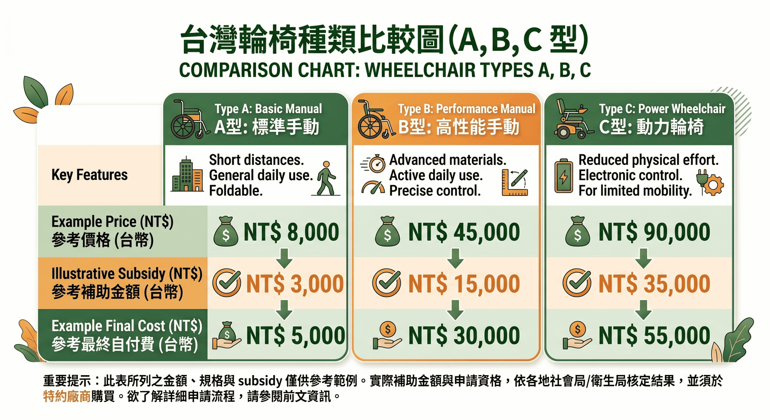 輪椅補助A款B款C款與電動輪椅補助金額比較表