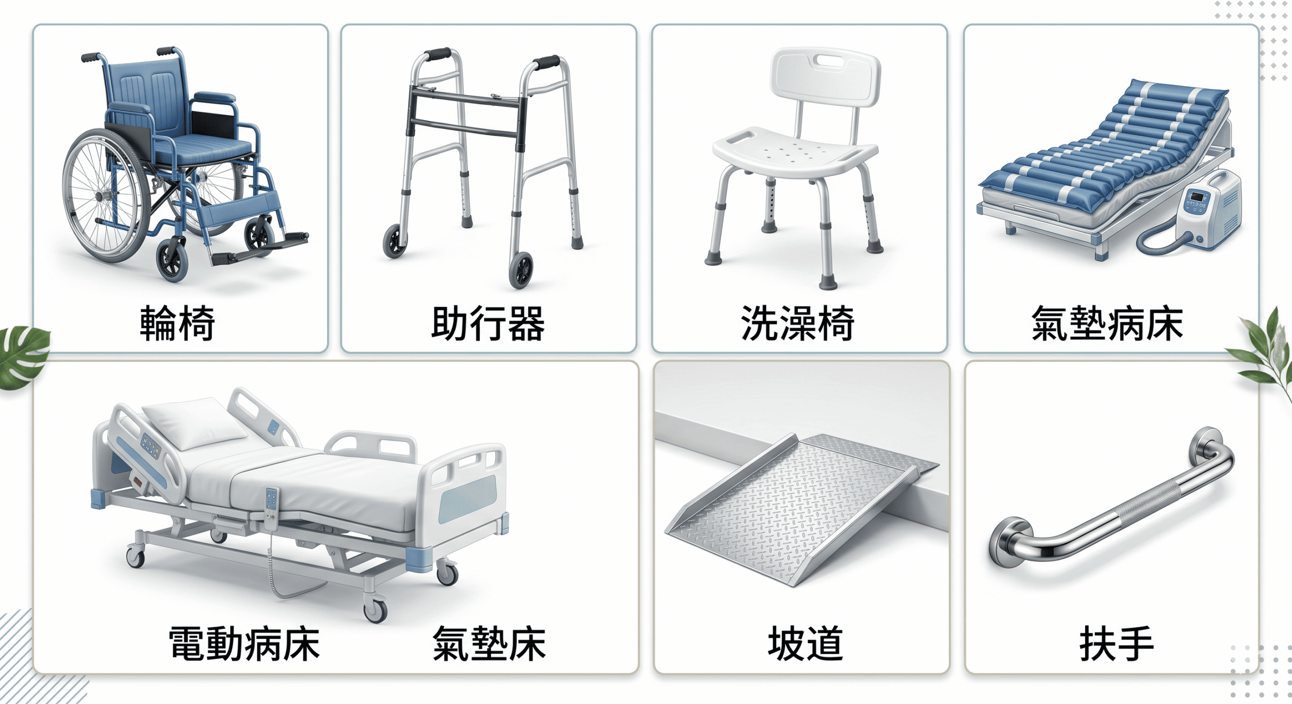 長照輔具補助常見項目清單，包含輪椅、電動床、洗澡椅等