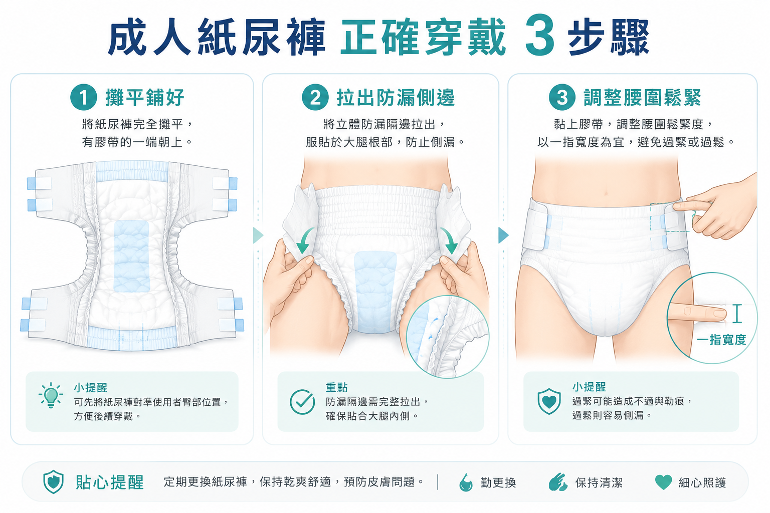 成人紙尿褲正確穿法與防漏側邊示意圖