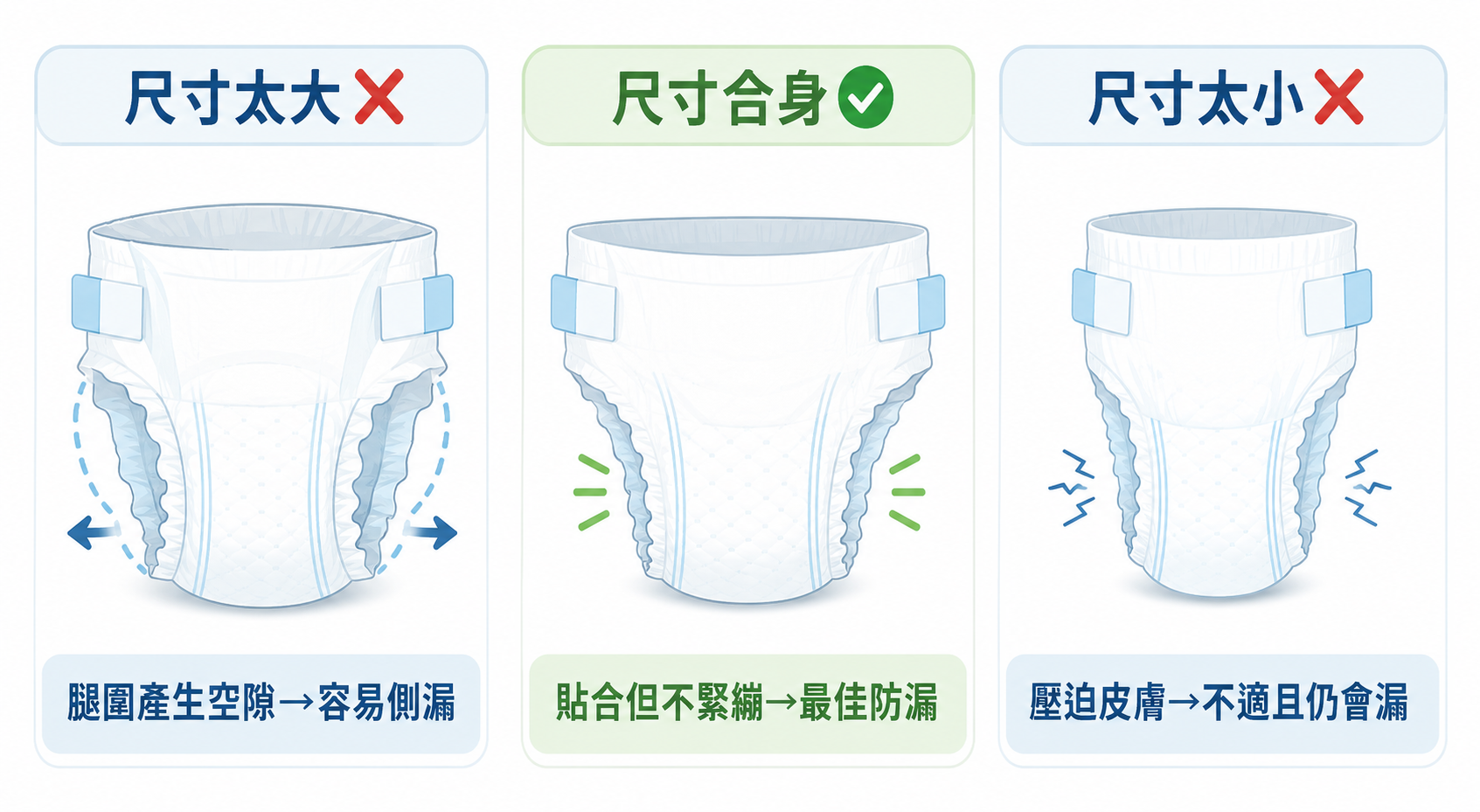 成人紙尿褲尺寸不合導致漏尿的常見原因示意圖