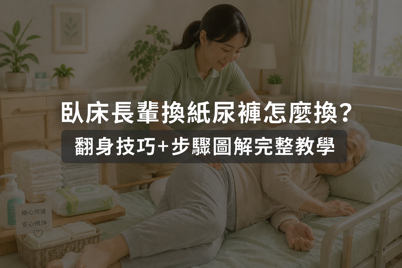 第一次幫臥床長輩換紙尿褲手忙腳亂？本文拆解側臥翻身法完整步驟，從準備清單、翻身省力技巧、清潔換尿布到防漏固定，搭配防壓瘡翻身時間表與照護者省力秘訣，新手看完就會做。