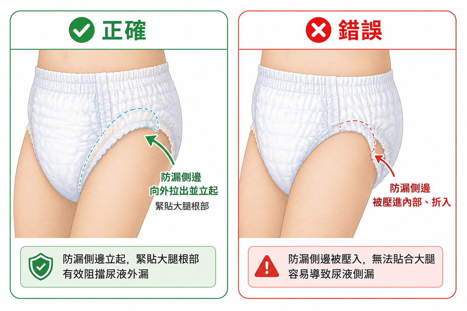 成人紙尿褲防漏側邊正確穿法對照圖-防漏側邊向外拉出立起vs被壓入內部