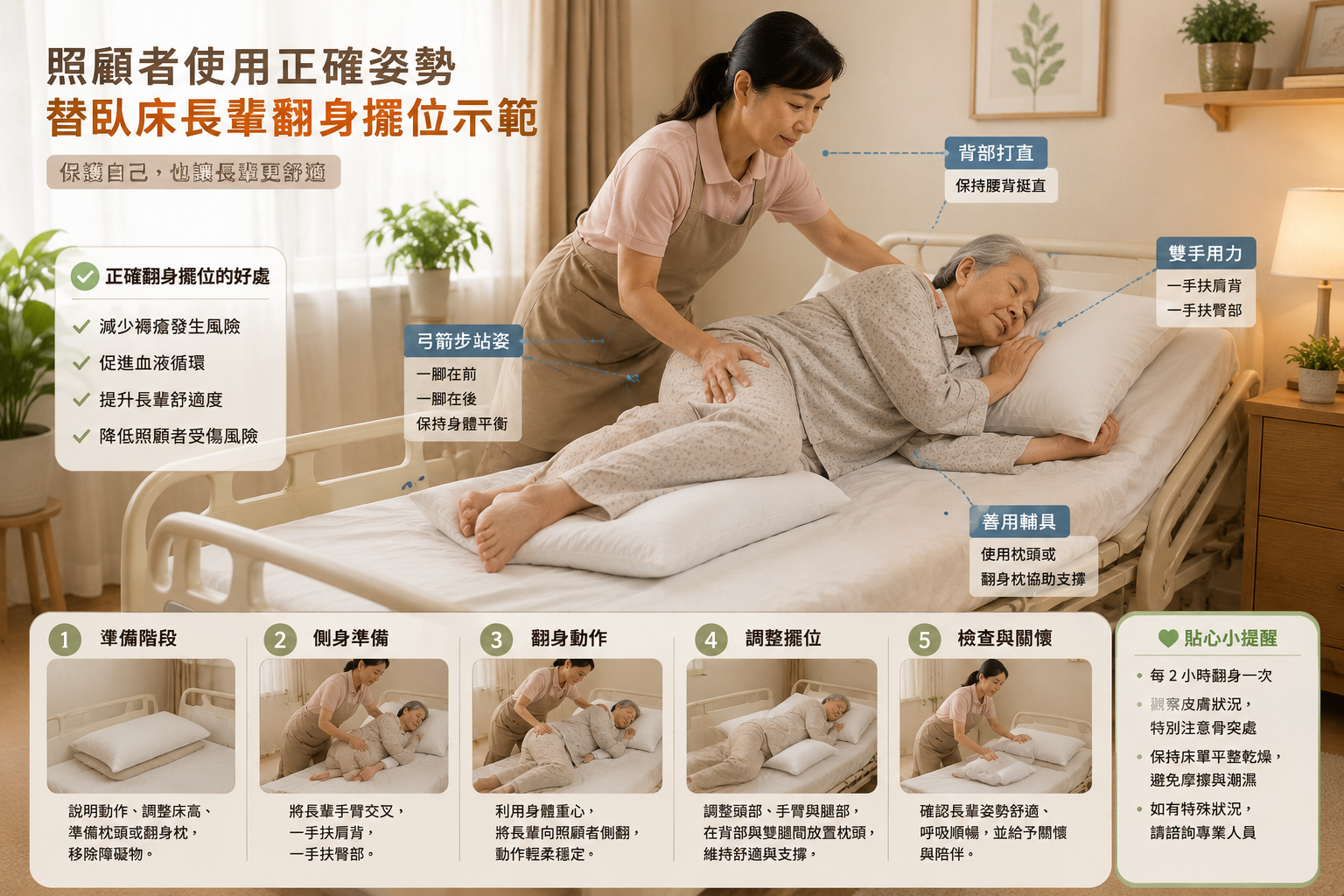 照顧者使用正確姿勢替臥床長輩翻身擺位示範