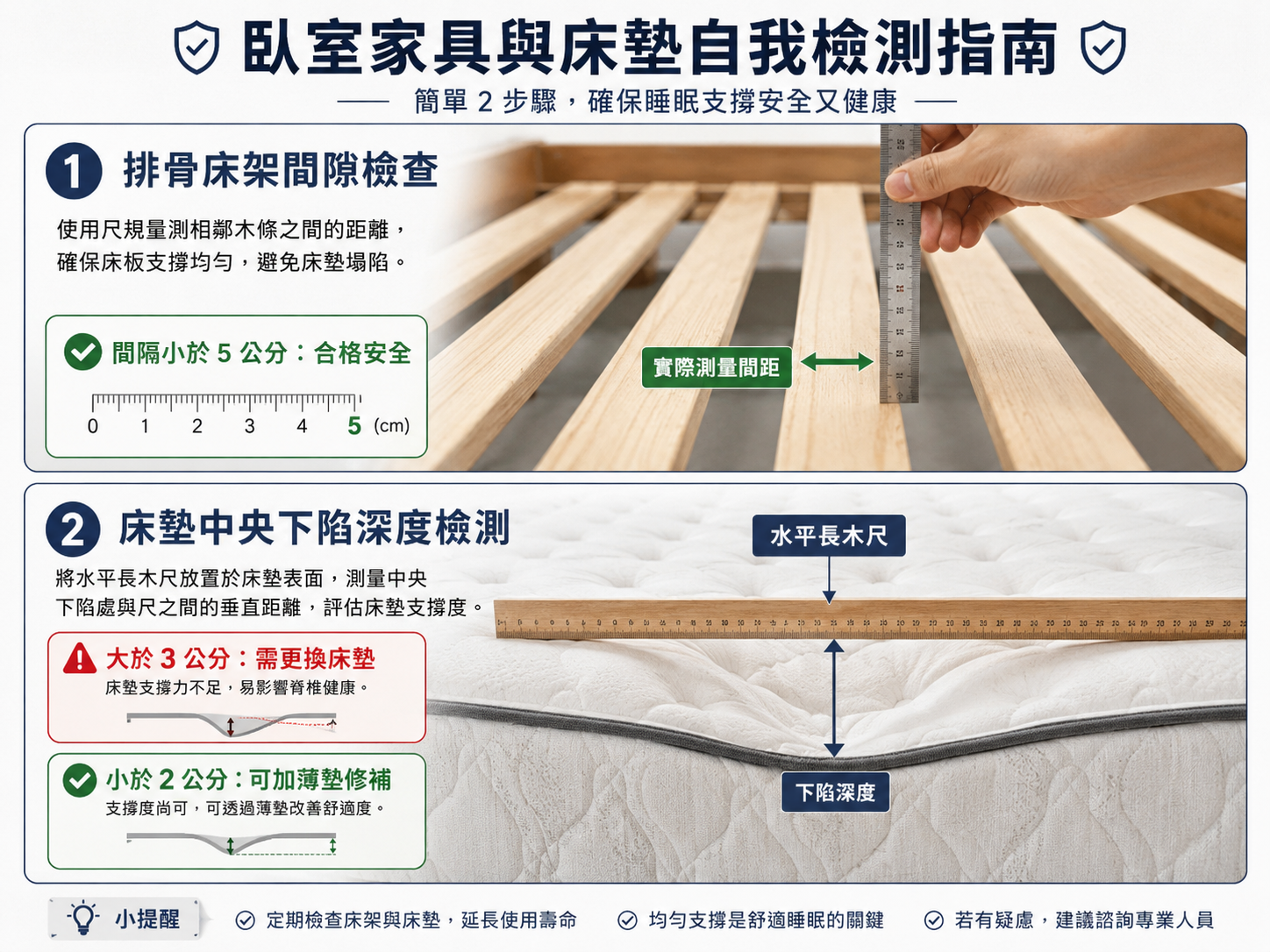 排骨架間隙測量與獨立筒床墊中央下陷 3 公分自我檢測示意圖