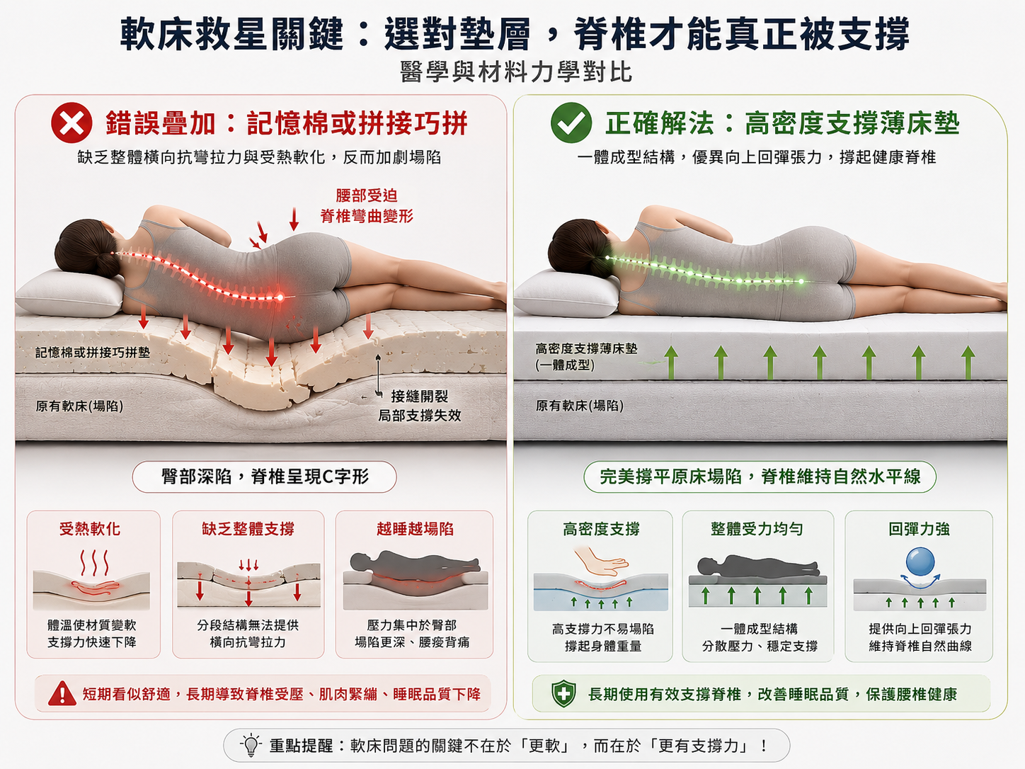 過軟下陷床墊 vs 高密度薄床墊對脊椎人體工學受力對比圖