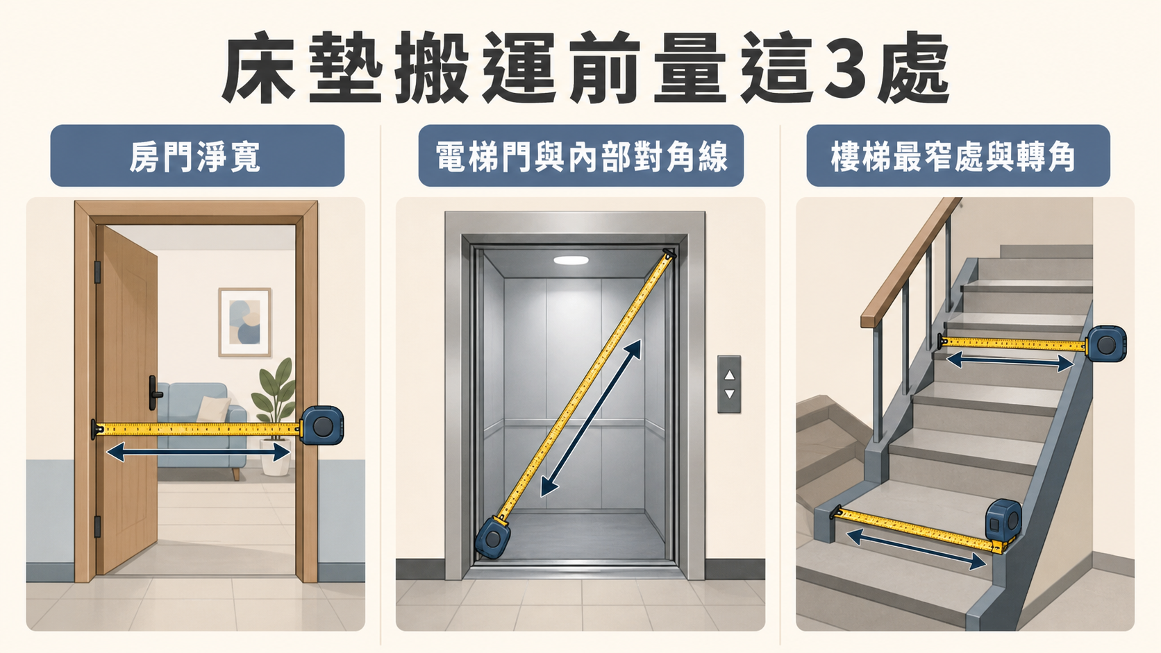 床墊搬運門寬電梯樓梯轉角量測示意