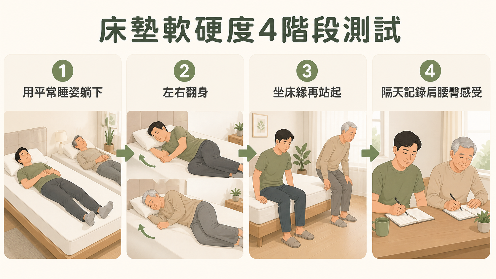 床墊軟硬度躺下翻身坐起隔天記錄四階段